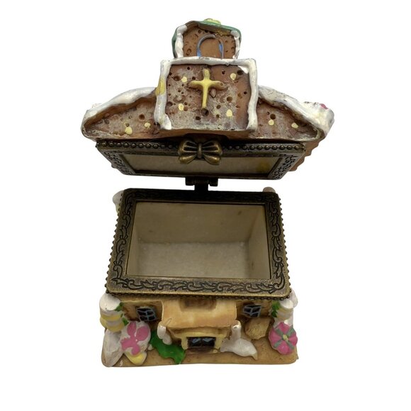 Ceramic Hinged Gingerbread Church Cookie House Christmas Trinket Box 2.5” - Picture 6 of 8